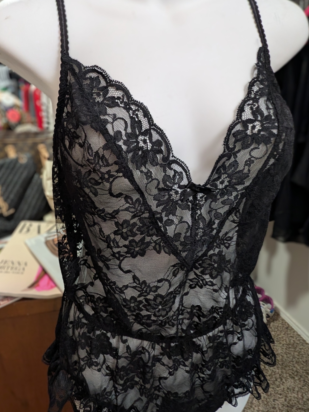 Victoria's Secret Black Lace Bodysuit with Floral Sheer Panels